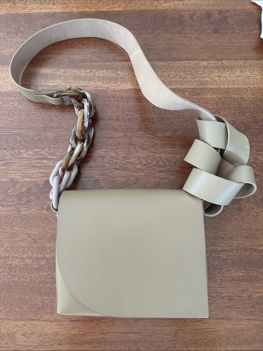 Minimalist Taupe Crossbody Bag with acrylic chain and leather adjustable strap